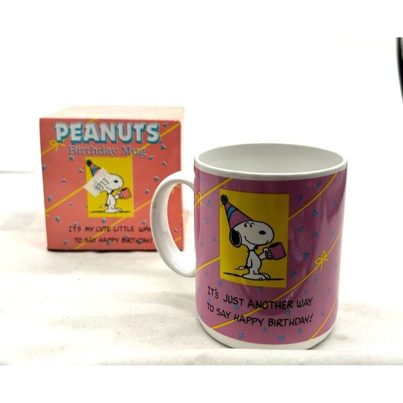 Snoopy Peanuts Happy Birthday Coffee Mug Charlie Brown Schultz Gift Vtg Pink Ret - Picture 1 of 10